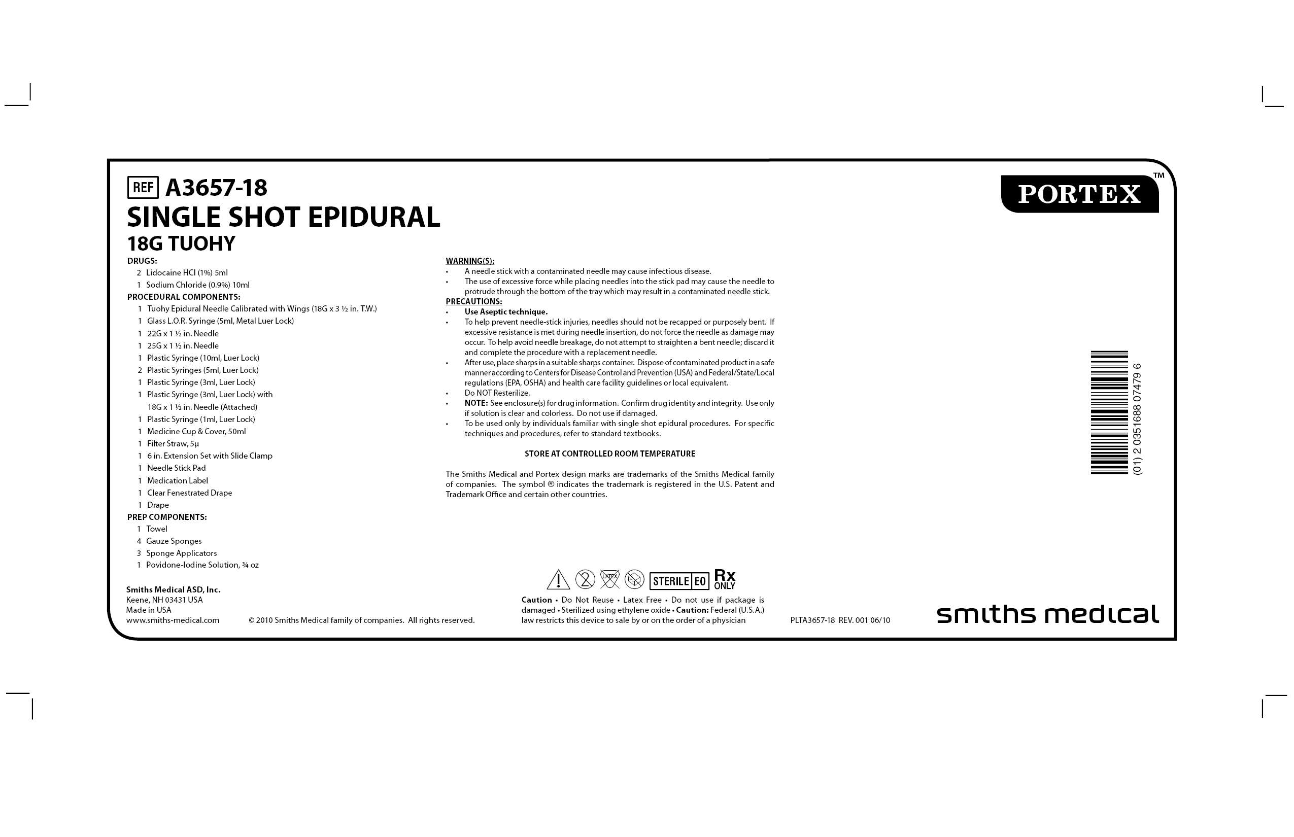 SINGLE SHOT EPIDURAL 18G TUOHY